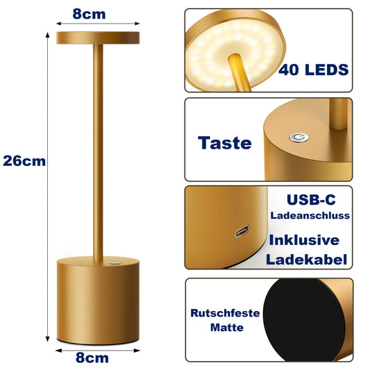 SLSMD Cordless Table Lamp, 5000mAh Metal Aluminum Dimmable LED Battery Table Light, Portable USB Rechargeable Bedside Lamp, Suitable for Indoor Outdoor Dining Room Bar Patio (2 Gold)