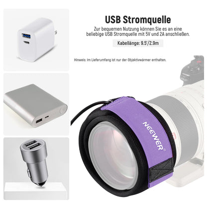 NEEWER USB 500mm lens heater with FPC, fast, even heating technology for DSLR camera lens telescope astrophotography, 3 temperature levels, prevents overvoltage/dew/mist/condensation, HW-30