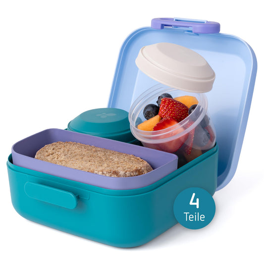 Amuse Rikko lunchbox set for kids with compartments. Bento box includes 2 snack boxes with compartments. Colorful lunchbox ideal for sandwiches, snacks, and meals on the go. Perfect for school lunches and picnics.
