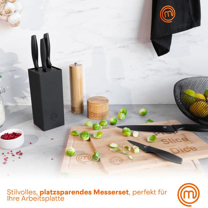 MasterChef knife block with cake knife set including Santoku knife, bread knife, chef's knife, vegetable knife, and utility knife. Made of stainless steel, sharp, 5 pieces, black, with soft-touch handles.