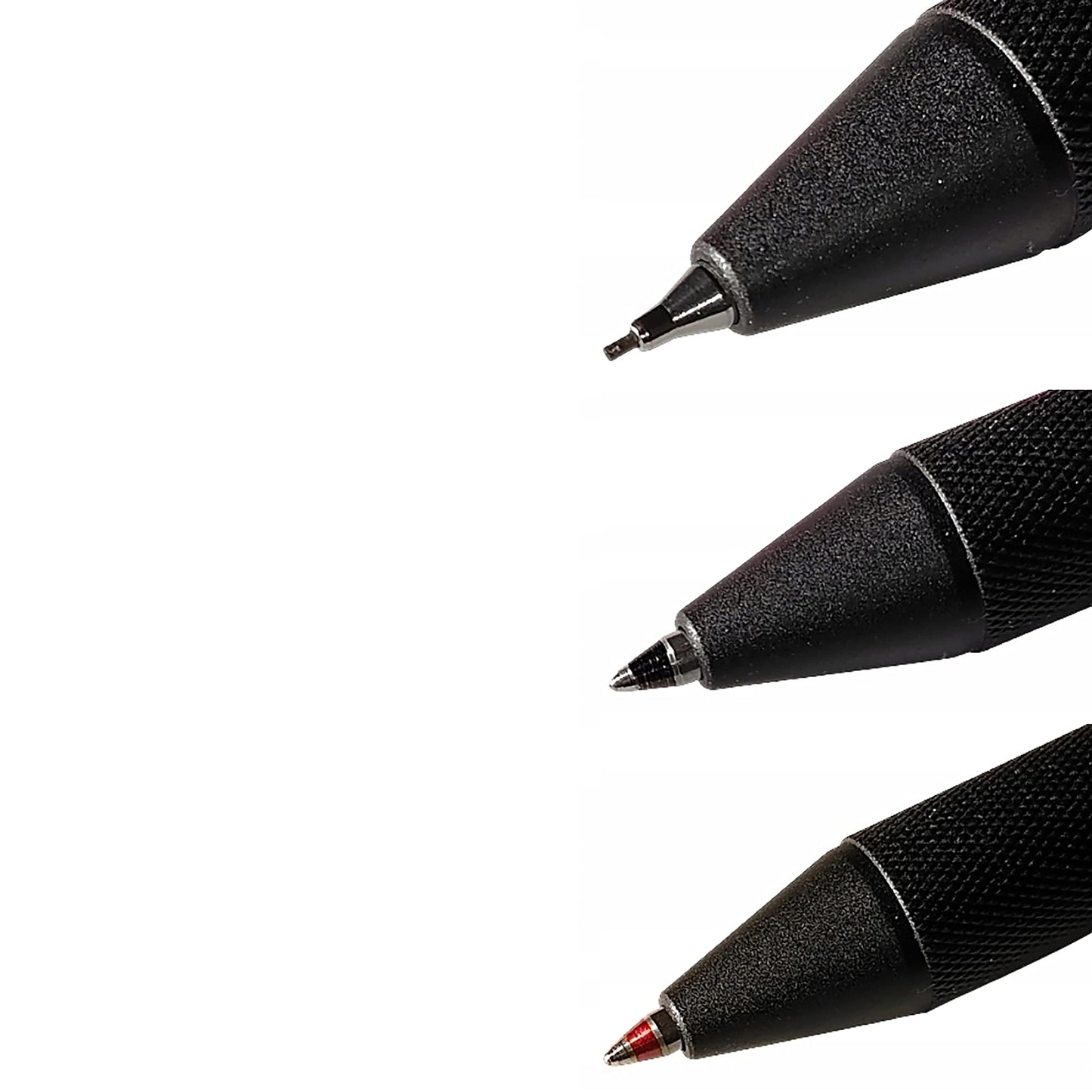 Rotring 600 3-in-1 writing instrument with ballpoint pen and mechanical pencil. Ballpoint pen with 2 fine tips (black and red ink) and 1 mechanical pencil with 0.5mm lead. Silver color.