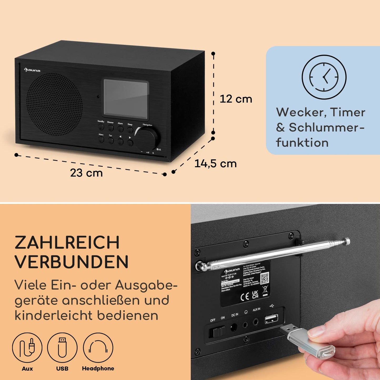 Auna Silver Star Radio, rechargeable DAB radio with Bluetooth, battery-operated DAB/DAB+/FM radio, kitchen radio with HCC display, alarm clock, radio with power adapter, mini radio small.