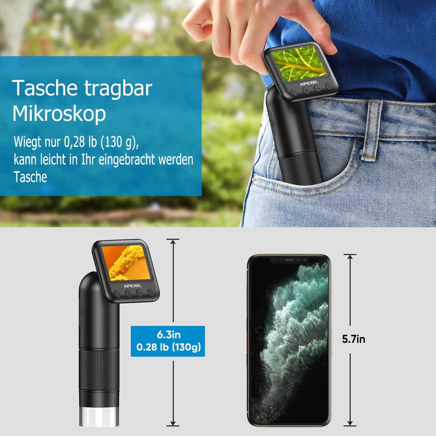 LCD Digital Handheld Microscope, 800x Portable Pocket Microscope for Kids with LED Lights. Connects to PC via USB, comes with SD Card and Slides.