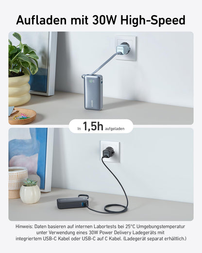 Anchor Nano Powerbank, 10,000mAh power bank with built-in USB-C cable, PD 30W maximum power with 1xUSB-C, 1xUSB-A, for iPhone 17/16/15/14, MacBook, Galaxy, iPad, AirPods, and more (Black)