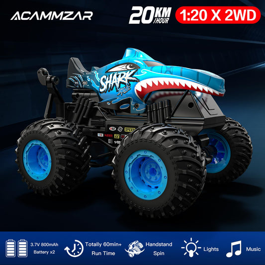 ACAMMZAR Remote Control Car, 2.4GHz 20+km/h RC Monster Truck with 2 Batteries 60 Mins+, RC Stunt Toy Car Spray Mist Music, for 6 7 8 9 10 Year Old Kids Adults, Red