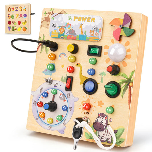 MILFECH Montessori Toy Busy Board with LED Light Switch Activity Board Wooden Toy, 17 LED Motor Skills Toy Sensory Toy Learning Toy for Babies Toddlers Boys Girls aged 1 2 3 4 years