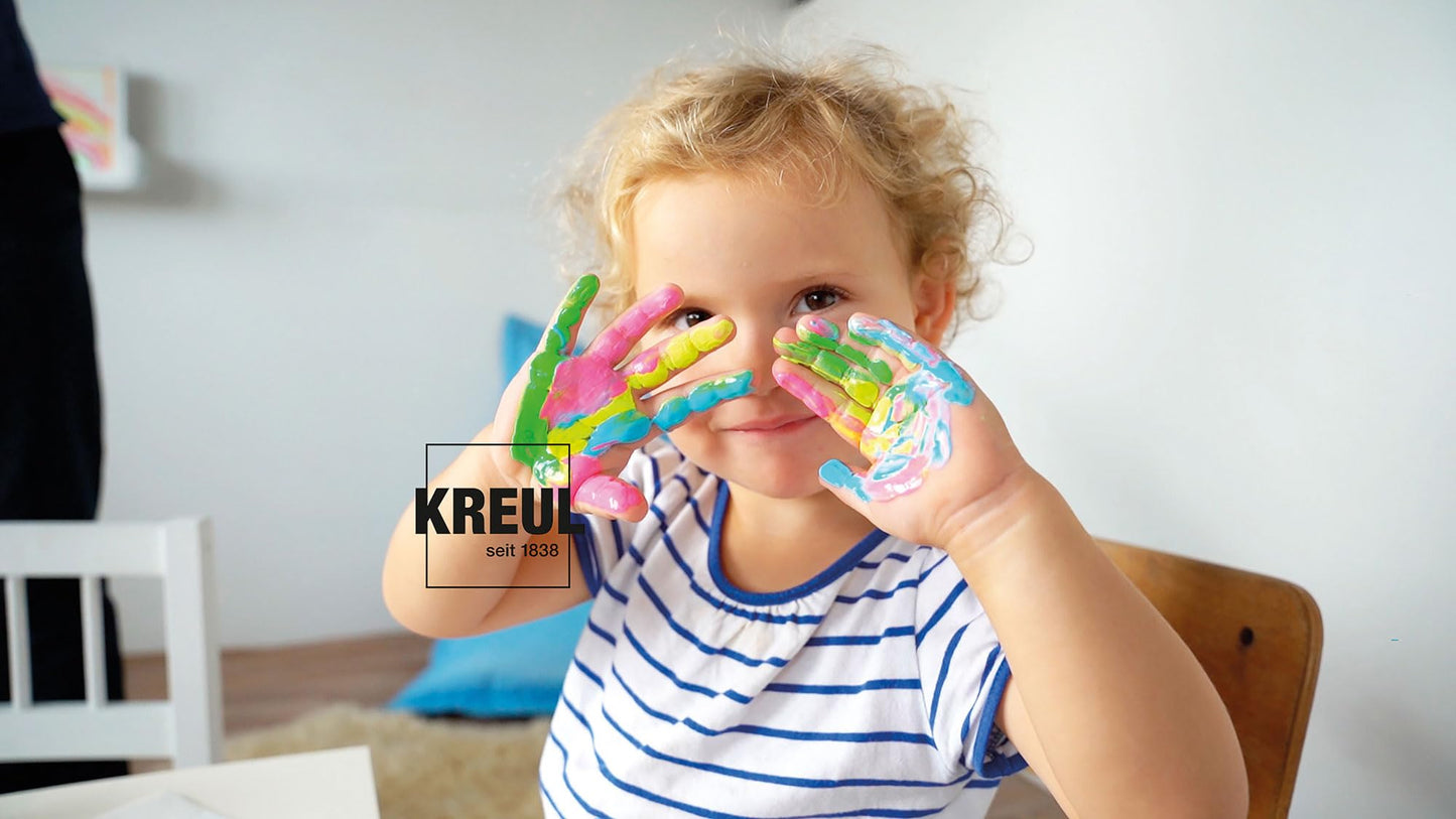 KREUL 2316 - Mucki Bright Finger Paint, 6 x 150 ml in yellow, red, blue, green, white, and black, paraben-free, gluten-free, lactose-free, and vegan, washable, blendable with brush and fingers.