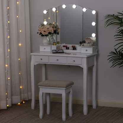 ANWBROAD Vanity Table with Lighted Mirror Tri-Folding Makeup Vanity Set 10 LED Bulbs 5 Drawers 2 DIY Dividers Cushioned Stool Removable Organizer White BDT05W