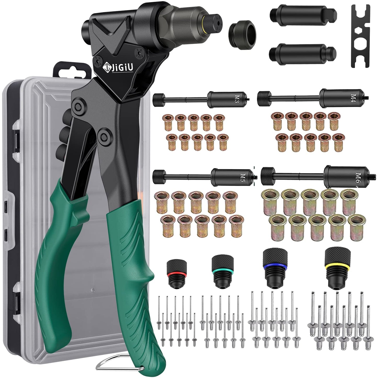 JiGiU Rivet Nut Tool 360° Rotating Head 3 IN 1 Rivet Nut Gun Rivet Tool Kit with 4 Metric Mandrels M3-M6, 4 Nosepieces 2.4-4.8mm, 2 Rivet Drills Riveting Tools Rivet Set All in Box (40 Nuts & 40 Rivets)