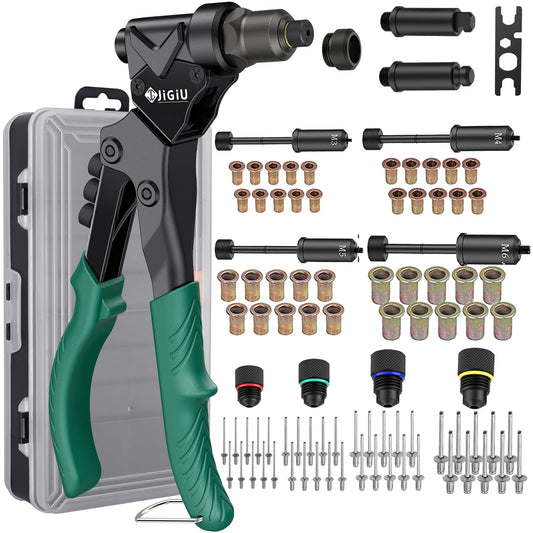 JiGiU Rivet Nut Tool 360° Rotating Head 3 IN 1 Rivet Nut Gun Rivet Tool Kit with 4 Metric Mandrels M3-M6, 4 Nosepieces 2.4-4.8mm, 2 Rivet Drills Riveting Tools Rivet Set All in Box (40 Nuts & 40 Rivets)
