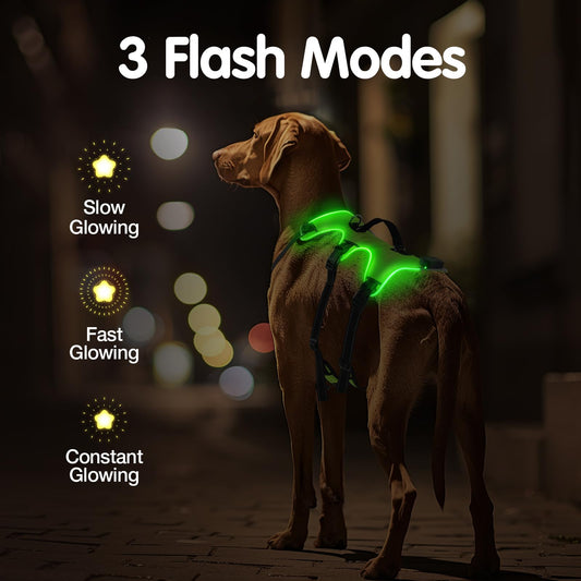 Jewyow Dog Harness Glowing, Rechargeable LED Dog Harness, LED Harness for Dogs with Soft Handle, 3 Adjustable Modes, Waterproof for Medium, Large Dogs, Green-XL