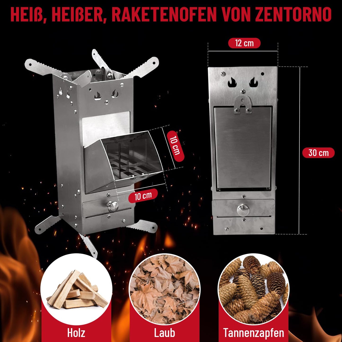 Zentorno Rocket Stove 2023 with carrying bag | Outdoor stainless steel wood stove [rustproof] Camping stove for pans and pots with Ø 15-25cm | Rocket Stove, (WMCP06-SF4)