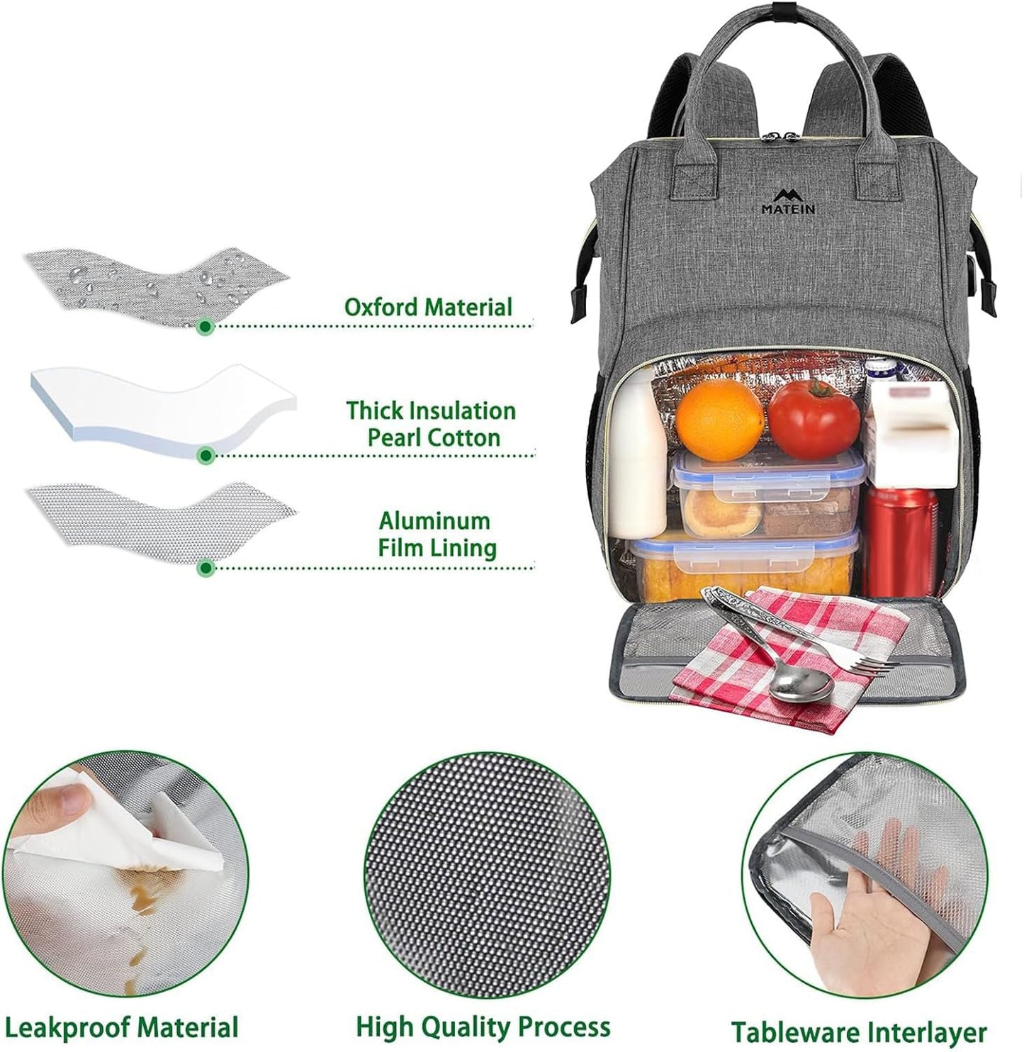 MATEIN Laptop Lunch Backpack, 17 Inch Picnic Backpack for Men and Women with Insulated Cooler Compartment, Waterproof Lunch Cooler Bag with USB Charging Port for Men Business Work Picnic, Gray