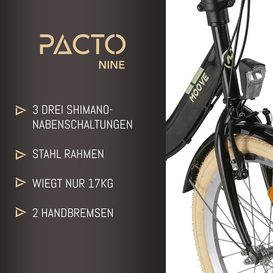 PACTO Nine - Dutch-style bike with comfortable folding design. 27cm steel frame, 20-inch wheels, Nexus 3-speed hub gear. Foldable for adult men and women.