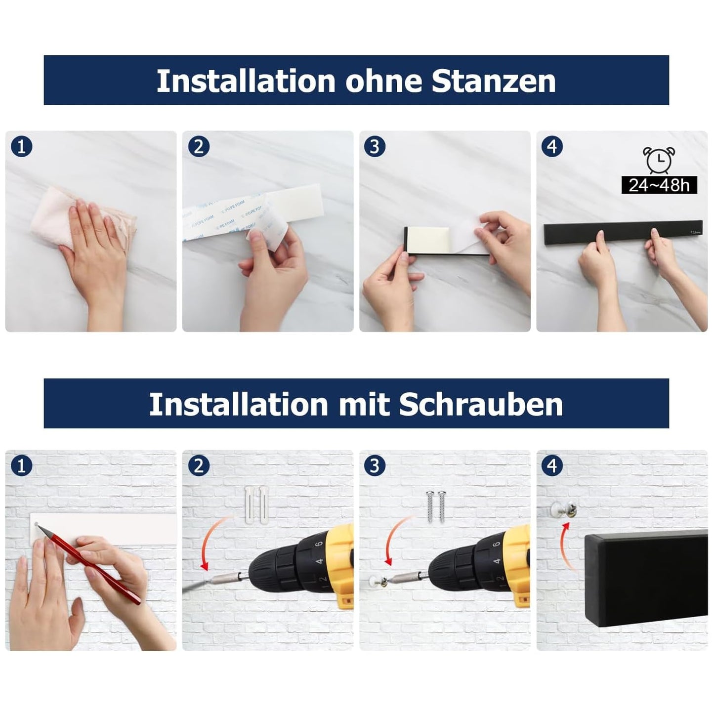 Dmore 50 cm magnetic knife strip with 4 hooks, black magnetic knife holder without drilling, strong magnet knife holder, includes adhesive tape and screws for knives, utensils, and tools.