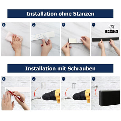 Dmore 50 cm magnetic knife strip with 4 hooks, black magnetic knife holder without drilling, strong magnet knife holder, includes adhesive tape and screws for knives, utensils, and tools.