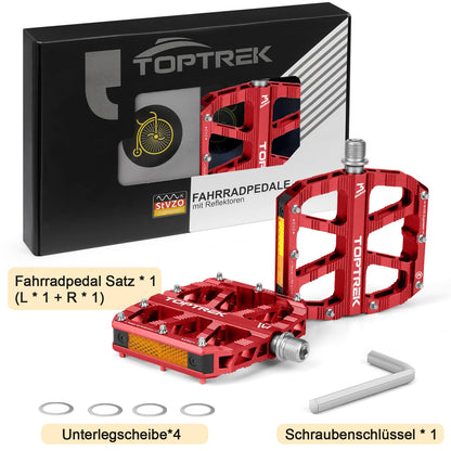 Toptrek bike pedals red with StVZO approved reflectors, CNC aluminum pedals bike MTB pedals non-slip with 3 sealed bearings for mountain bike, BMX, e-bike, road bike