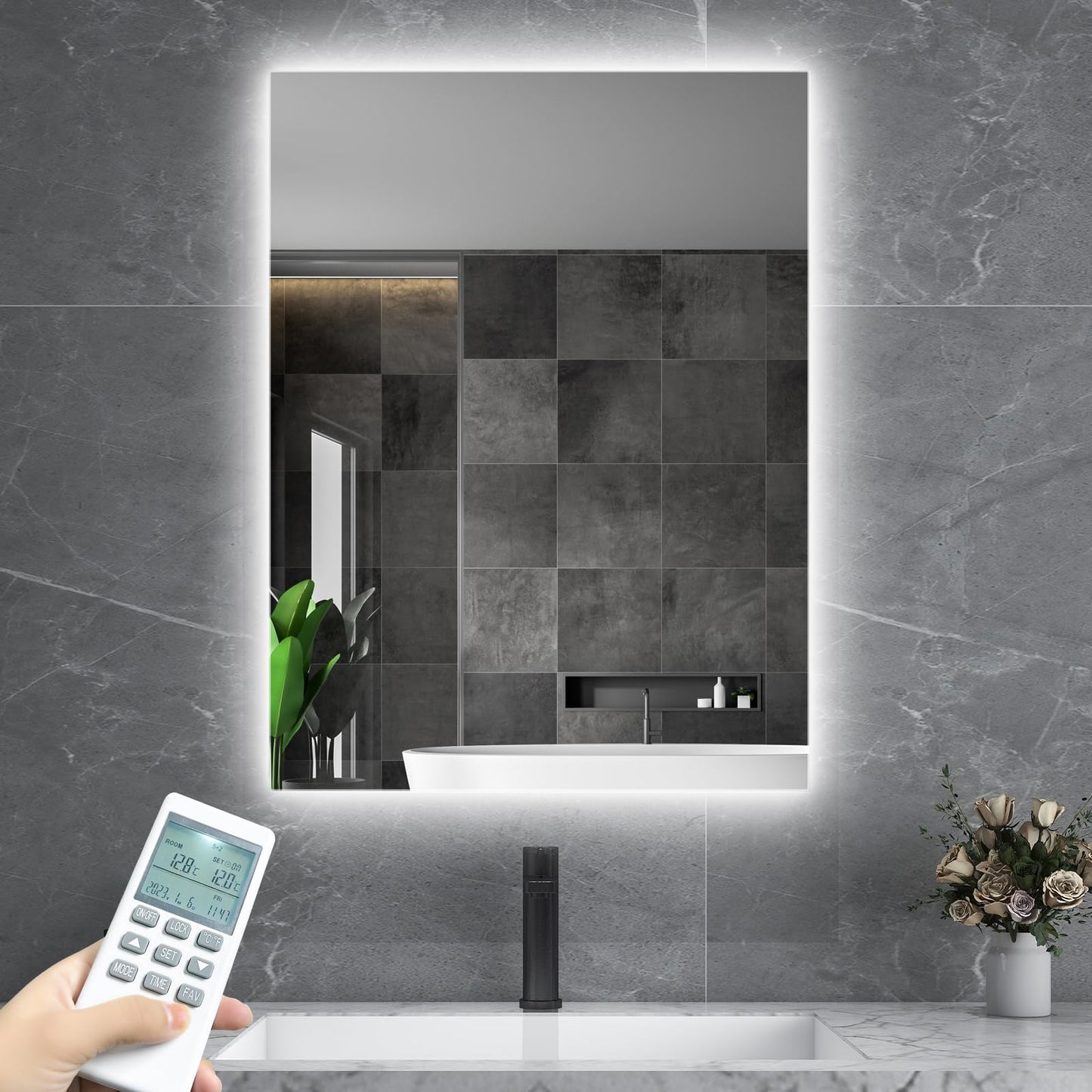 Infrared heating mirror with thermostat 450 watts - mirror heating infrared with LED lighting - infrared wall heating with remote control electric heating - bathroom mirror 80x60 CM bathroom mirror