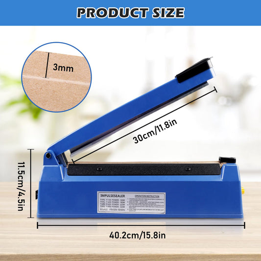 300 mm film sealing machine - Hand-operated sealer with 3 mm sealing width, 8-level temperature control, suitable for plastic bags, aluminum foil bags, kraft paper bags Blue