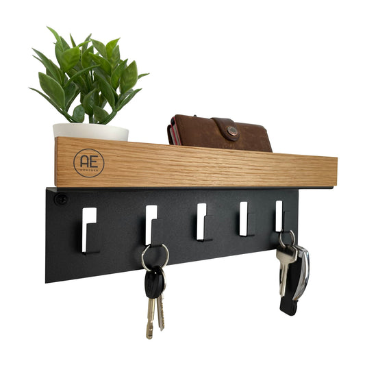 AE GÜNTHER® Key Board Wood - Key Holder Black Steel - Oak Key Board - Key Organizer with Storage - Keychain - Key Box - Wall Organizer - Key Rack