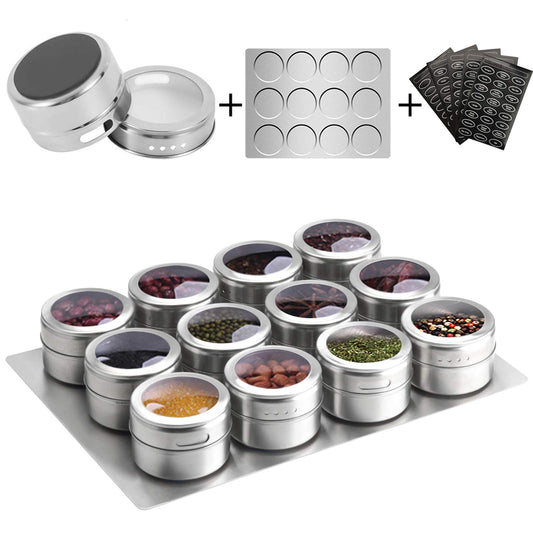 Aiyola magnetic spice jars 12-piece set with wall base, stainless steel lids easy to clean includes 120 labeling stickers