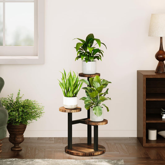 Bamworld flower stand wood plant stand plant shelf indoor flower shelf small metal flower stand for patio, garden, balcony, living room, bedroom (3 tiers)