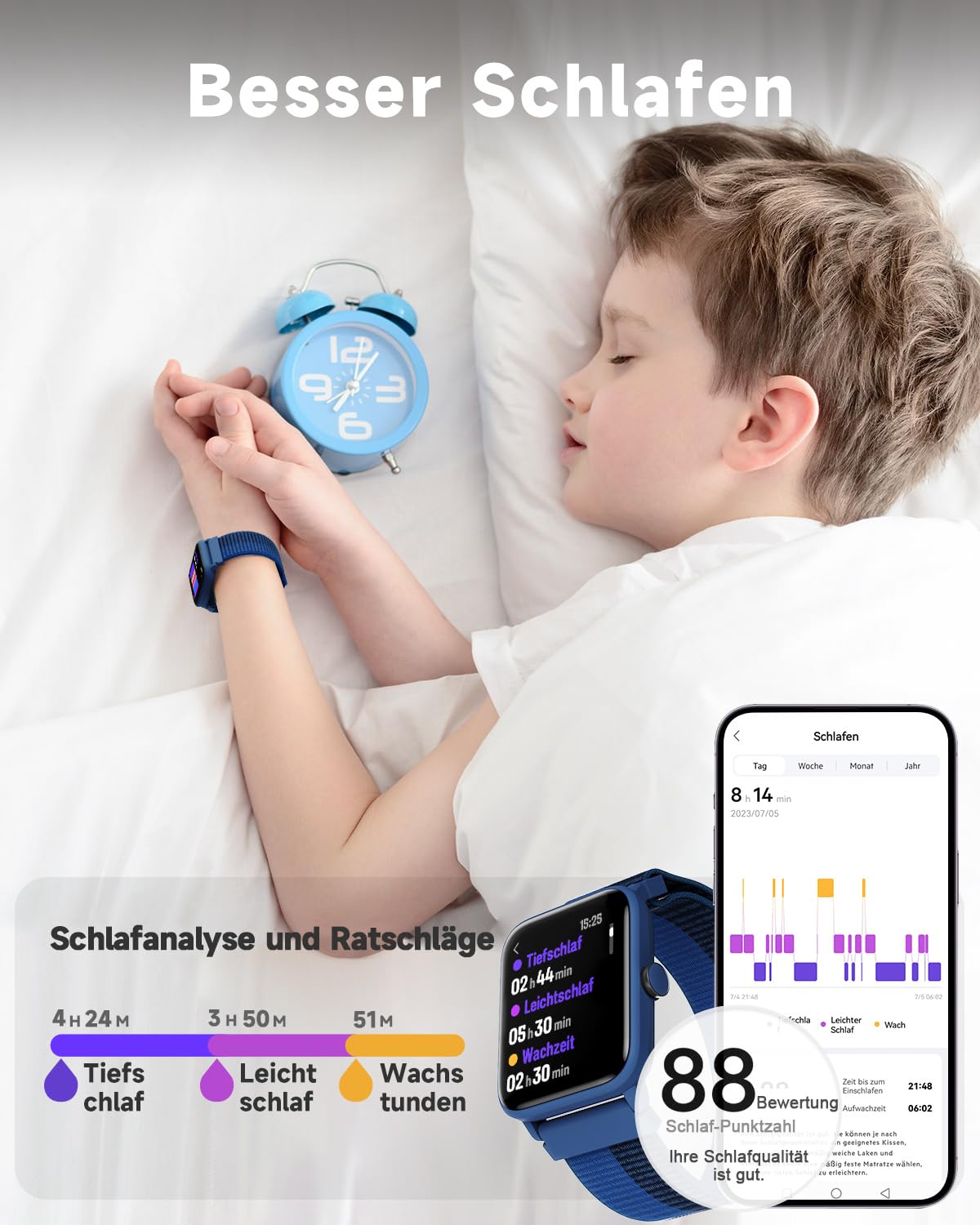 BIGGERFIVE Smartwatch Kids, Fitness Tracker Watch Digital Fitness Watch with Step Counter, 24/7 Heart Rate, 5ATM Waterproof, Sleep Monitor, Alarm, 1.5" HD Touchscreen for Girls Boys 3-14, Nylon