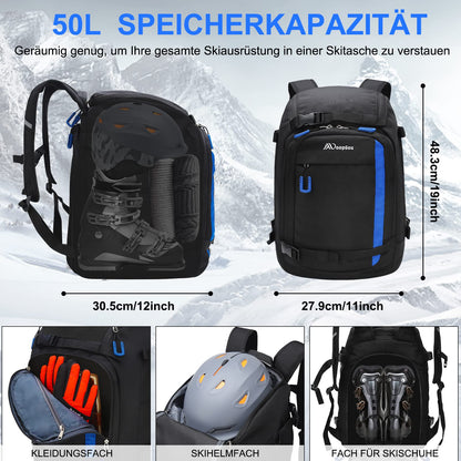 YITGOG ski boot bag with helmet compartment 50L 1680D Nylon ski backpack ski boot backpack with helmet pocket ski bag siksack for ski boots ice skates snowboard inline skates (blue)