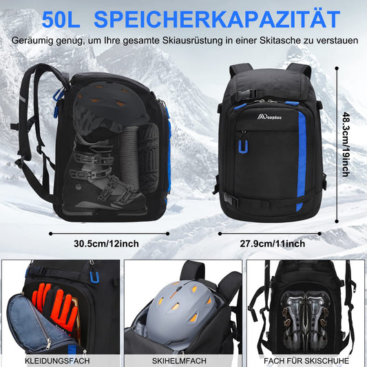 YITGOG ski boot bag with helmet compartment 50L 1680D Nylon ski backpack ski boot backpack with helmet pocket ski bag siksack for ski boots ice skates snowboard inline skates (blue)
