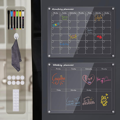 Magnetic weekly and monthly planner set, 1 set family planner, eraseable for organization, meal planning, and shopping lists. Includes eraser and 6 pens.