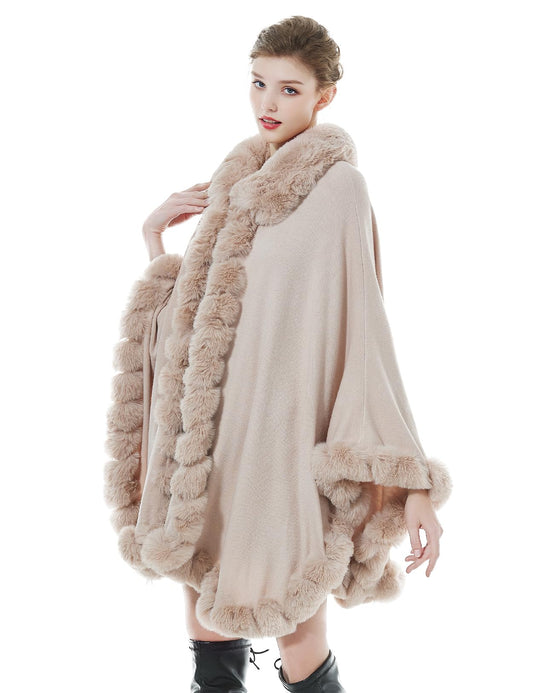 BEAUTELICATE Faux Fur Poncho Cape Knit Women's Winter Faux Fur Shawl Scarf Stole Cape Cardigan Warm with Collar for Wedding Ceremony Festive (Nude Pink, One Size)
