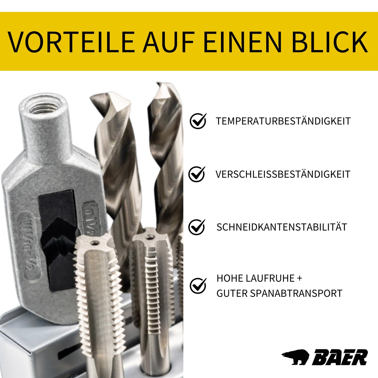 BAER Thread Cutting Set M3 - M12 HSSG - 15 pcs. | Thread tap set with center drill & tap wrench | Professional thread cutting set in metal case | Tap set