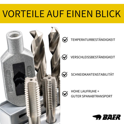 BAER Thread Cutting Set M3 - M12 HSSG - 15 pcs. | Thread tap set with center drill & tap wrench | Professional thread cutting set in metal case | Tap set