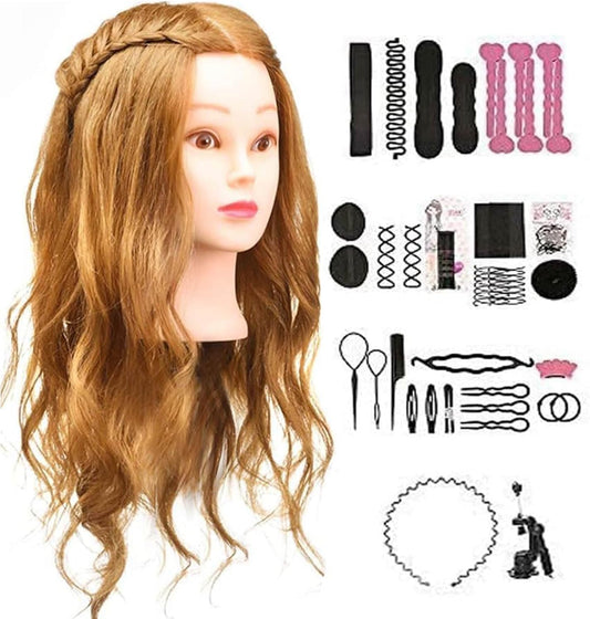 Practice head, TwoWin 80% real hair beauty school mannequin head with clamp stand and gifts - gold