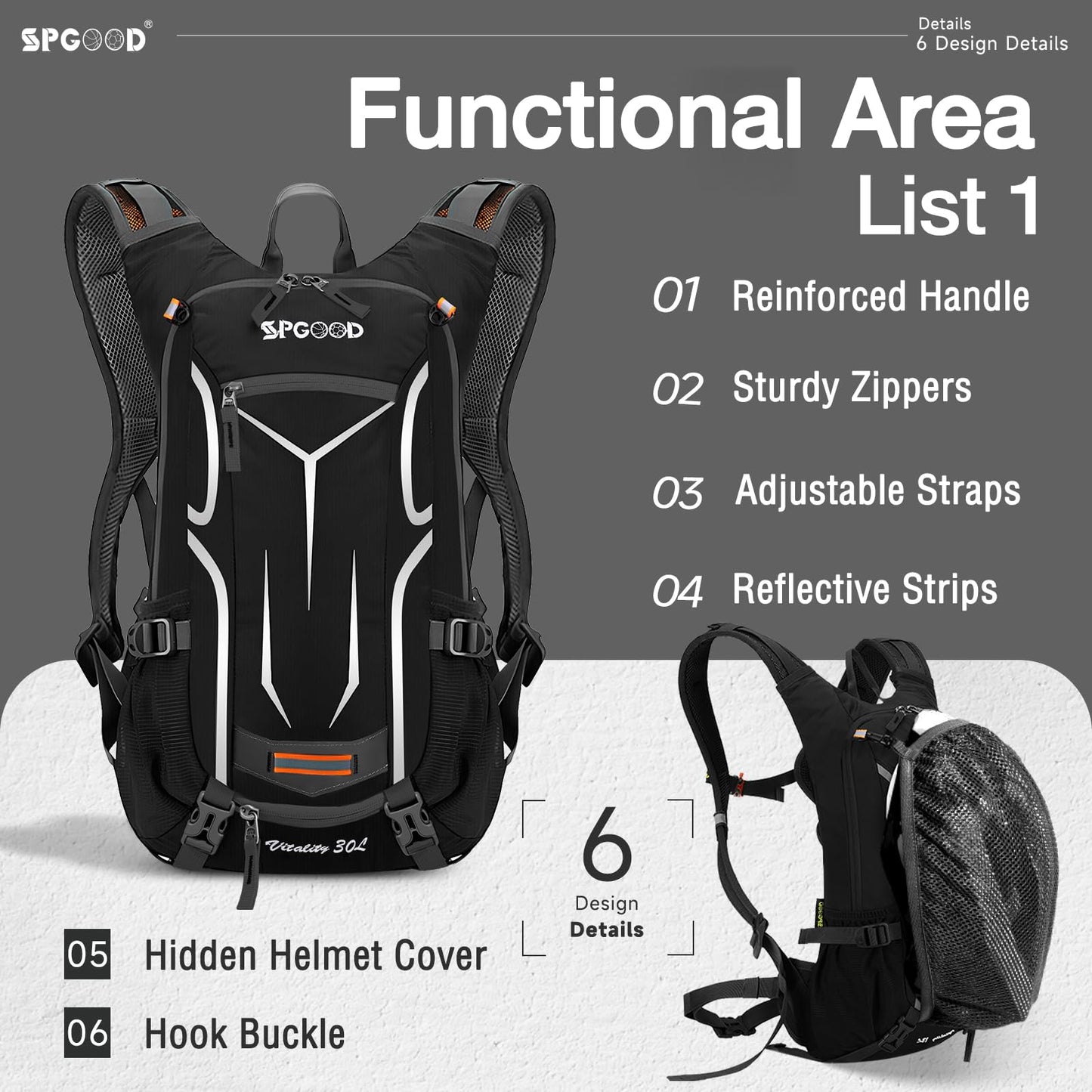 SPGOOD Cycling Backpack 20L/25L/30L (9 colors) - Waterproof Ultralight - for Women & Men Multifunctional - with Rain Cover/Helmet Cover Backpacks MTB Mountain Bike (Gray Black, 20L)