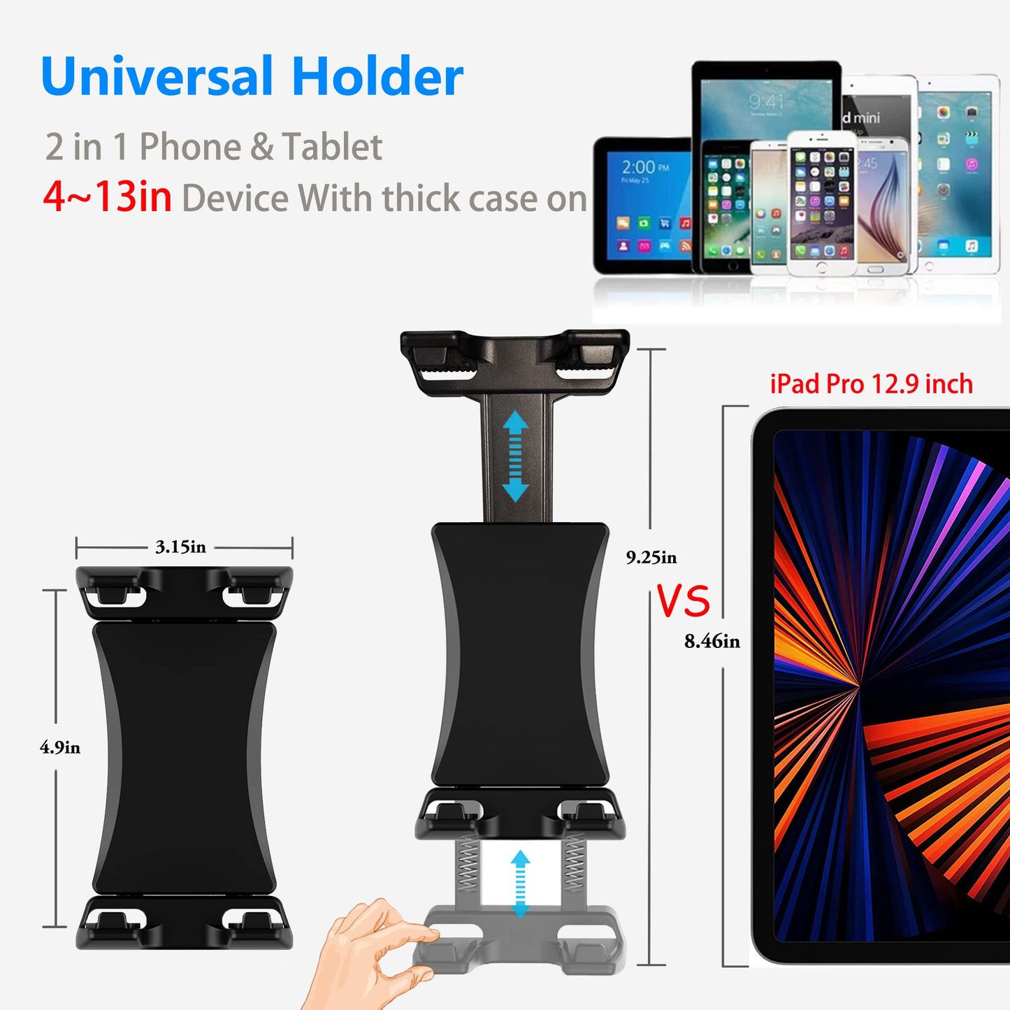 Treadmill tablet iPad holder, bike handlebar mount clamp for stationary bike, elliptical, spin bike, Peloton, stroller for 4-13 inch devices, iPad Pro 12.9, Air, Mini, Galaxy Tabs, iPhone