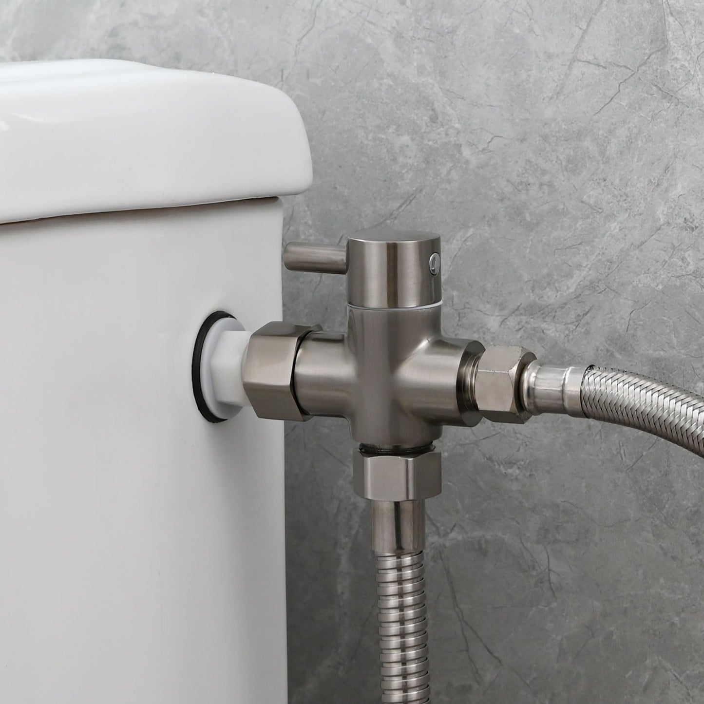 Tecmolog Bidet Sprayer Set with 3-way diverter valve, 3/8"-12/17 hose, and drill-free shower head holder in brushed nickel, WS024F8