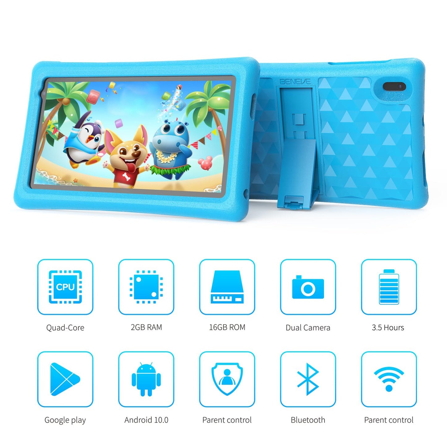 BENEVE Kids Tablet, 7-inch tablet for kids toddlers, Android kids tablet with 2GB+32GB, parental control, Bluetooth, WiFi, dual camera, pre-installed Google Play Store.
