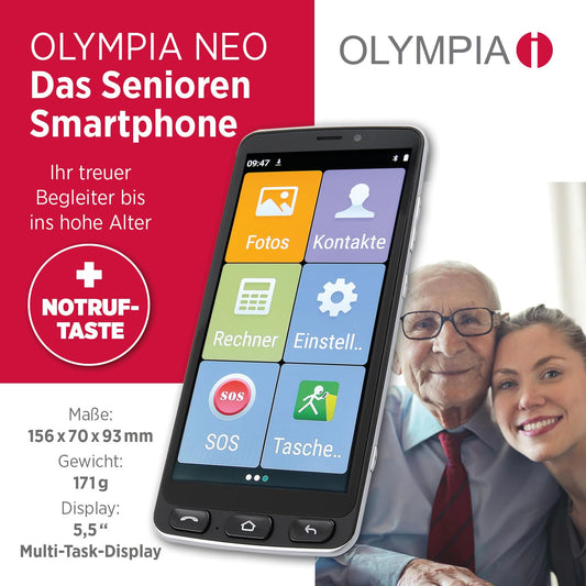 Olympia Neo 16 GB smartphone for seniors | Extra large display | Hearing aid compatible | Emergency call button | Senior smartphone 5.5" display | Whatsapp & Mediteo pre-installed | 8MP camera | Black