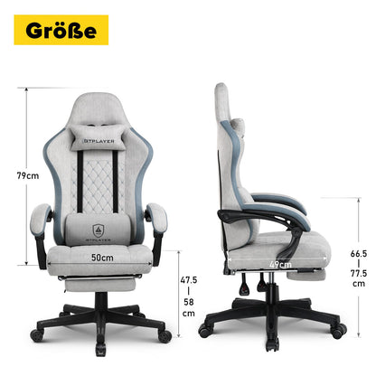GTPLAYER Gaming Chair Ergonomic Gaming Armchair Desk Chair with Fabric Surface, Spring Seat Cushion, Adjustable Armrests and Footrest Gray