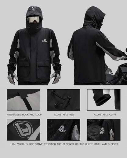 IRON JIA's men's motorcycle rain suit waterproof windproof breathable reflective with hood with zipper high-quality outdoor raincoat-black-L