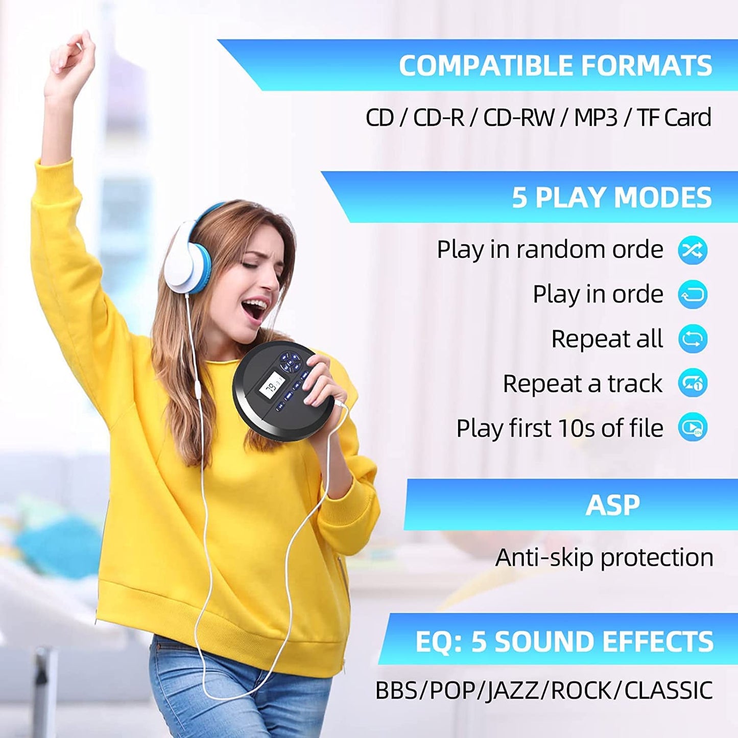 Portable CD player, DESOBRY CD Player Portable with speakers and FM transmitter, Discman for car, 2000mAh battery, headphones, AUX cable.