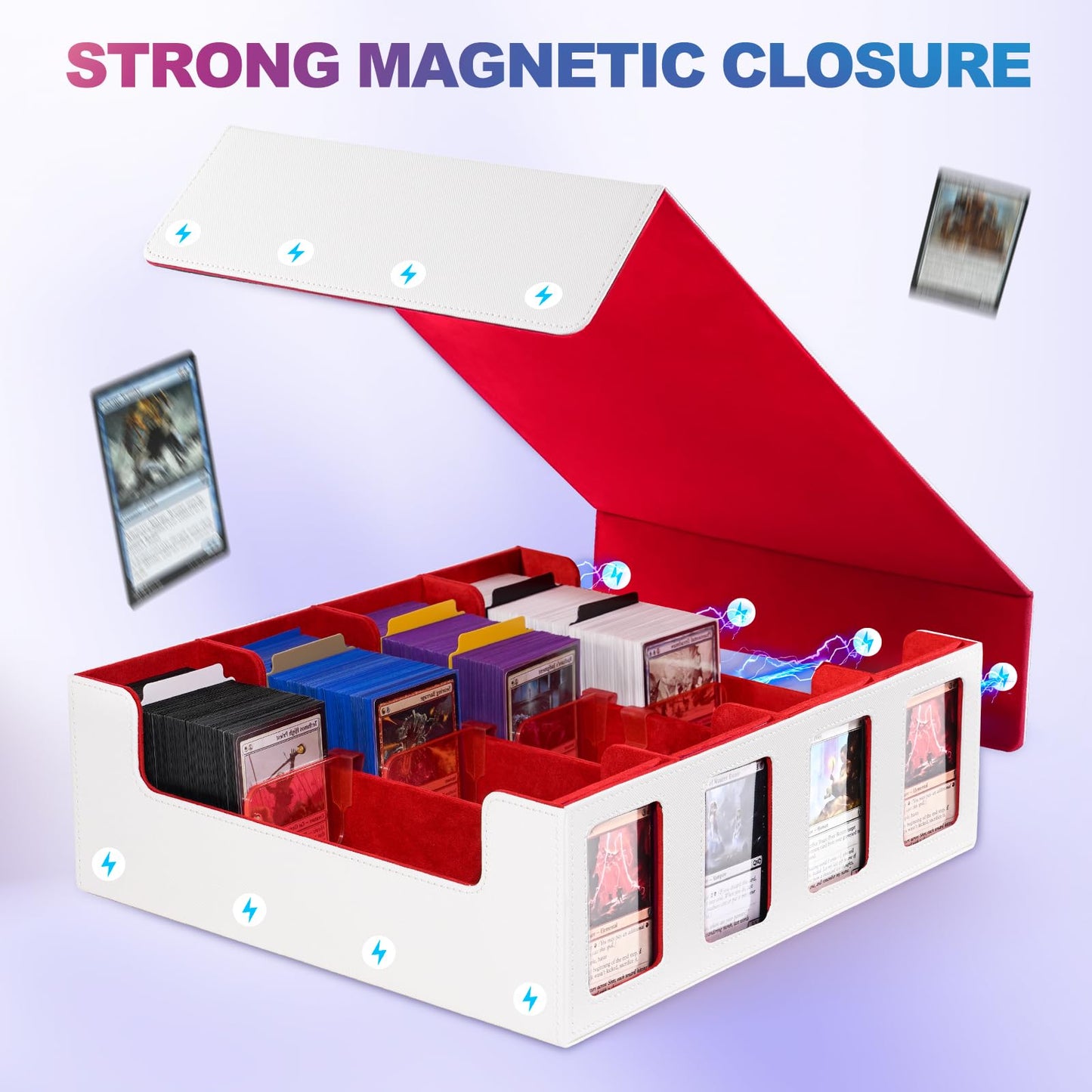 UAONO Trading Card Storage Box with Commander Display; 2400+ Deck Box for MTG with removable lid; Toploader card box for Magic TCG, PTCG, sports cards; 24 dividers, 4 stop blockers - White/Red