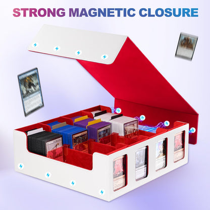 UAONO Trading Card Storage Box with Commander Display; 2400+ Deck Box for MTG with removable lid; Toploader card box for Magic TCG, PTCG, sports cards; 24 dividers, 4 stop blockers - White/Red