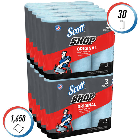 Scott Shop Towels Original 75143 - Durable cleaning cloths in blue - 10 packs of 3 blue rolls with 55 disposable wipes each (1,650 total paper wipes) - Wipes