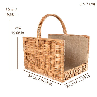 Creative Home Large Fireplace Basket Wood Basket Firewood Basket Rattan | 50 x 34 x 50 cm | Storage Rectangular Wicker Basket for Firewood/Wood | Brown Thick Willow Firewood Basket Wood Carrier Carry Basket