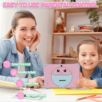 10-inch Android children's tablet with WiFi, dual camera, IPS display, quad-core processor, and 32GB storage. Suitable for kids aged 3-14, with a child-proof case.