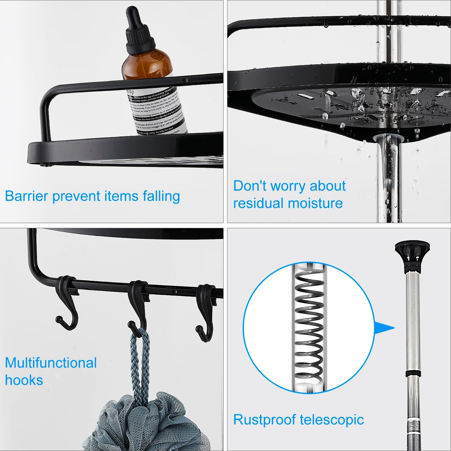 ZHUGE Telescope Shower Shelf, adjustable corner shelf for the shower with 4 shelves, 4 hooks, 1 towel bar for bathroom storage, rustproof, 70-330 cm from floor to ceiling, Black