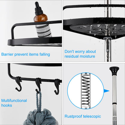 ZHUGE Telescope Shower Shelf, adjustable corner shelf for the shower with 4 shelves, 4 hooks, 1 towel bar for bathroom storage, rustproof, 70-330 cm from floor to ceiling, Black