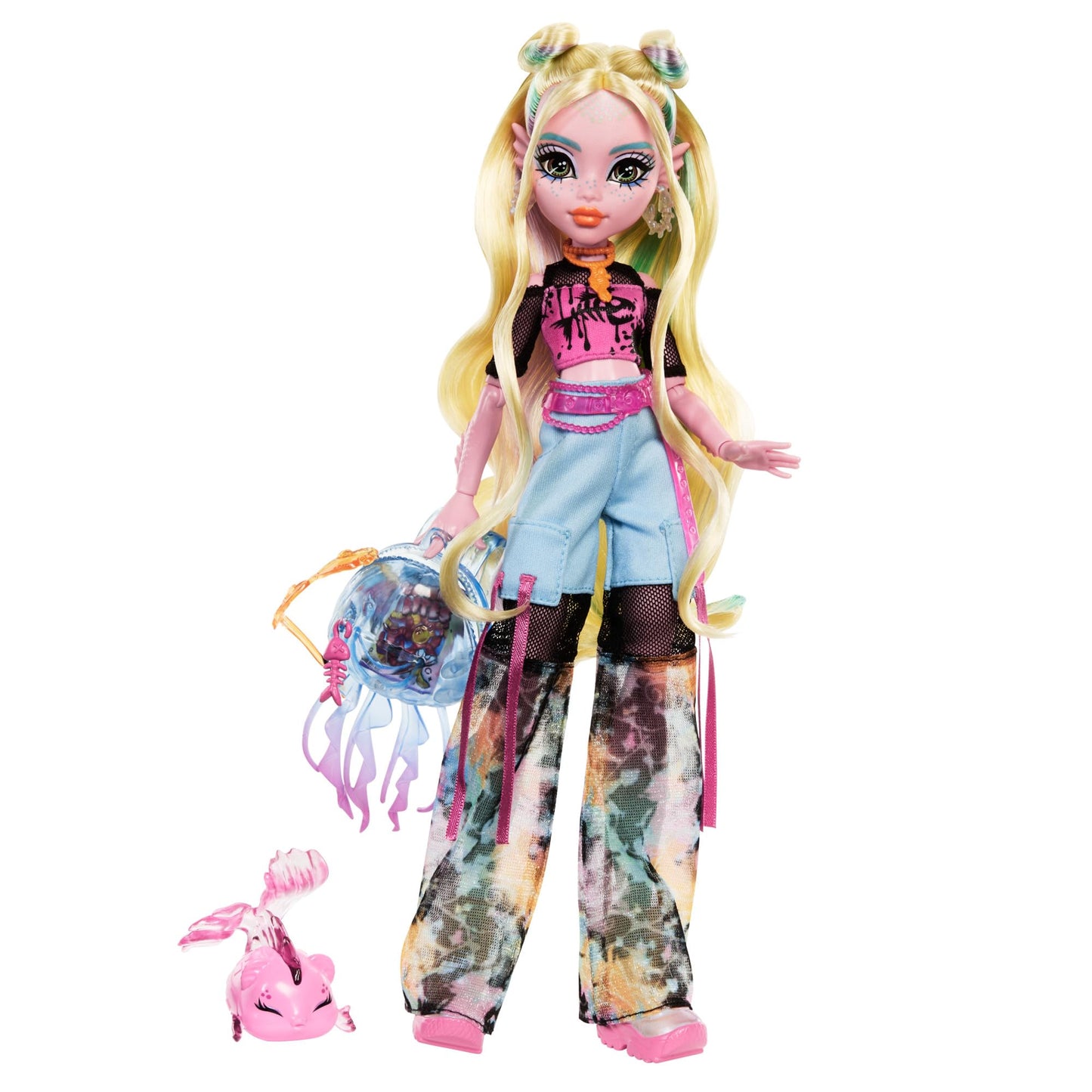 Monster High Lagoona Blue doll in mesh T-shirt and cargo pants with pet fish Neptuna and accessories like backpack, snacks, and notebook, HXH75